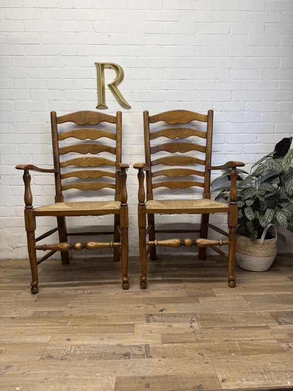Pair of Vintage Oak Ladder Back Carver Chairs with Rush Seats - product images  of 