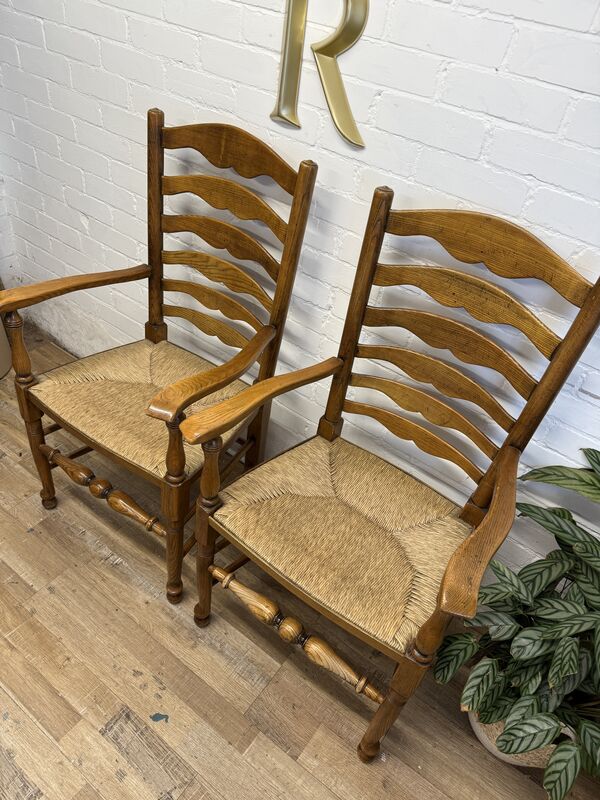 Pair of Vintage Oak Ladder Back Carver Chairs with Rush Seats - product images  of 