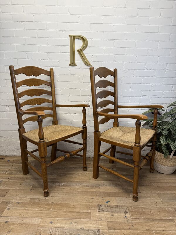 Pair of Vintage Oak Ladder Back Carver Chairs with Rush Seats - product images  of 