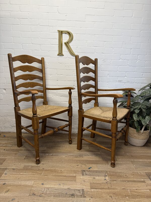 Pair of Vintage Oak Ladder Back Carver Chairs with Rush Seats - product images  of 