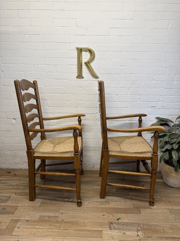 Pair of Vintage Oak Ladder Back Carver Chairs with Rush Seats - product images  of 