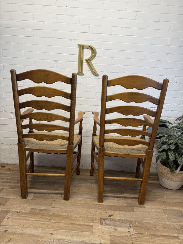 Pair of Vintage Oak Ladder Back Carver Chairs with Rush Seats - product images  of 