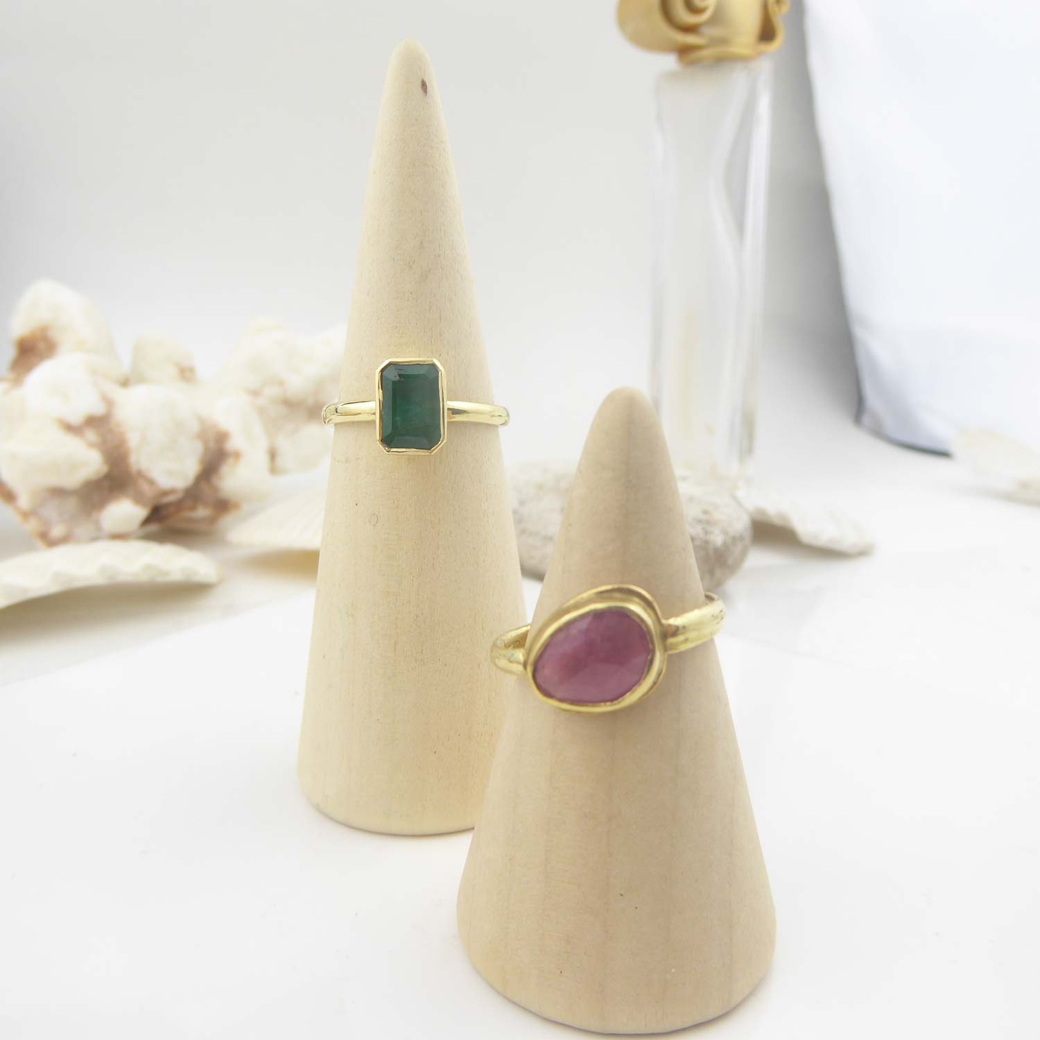 emerald and ruby recycled gold rings