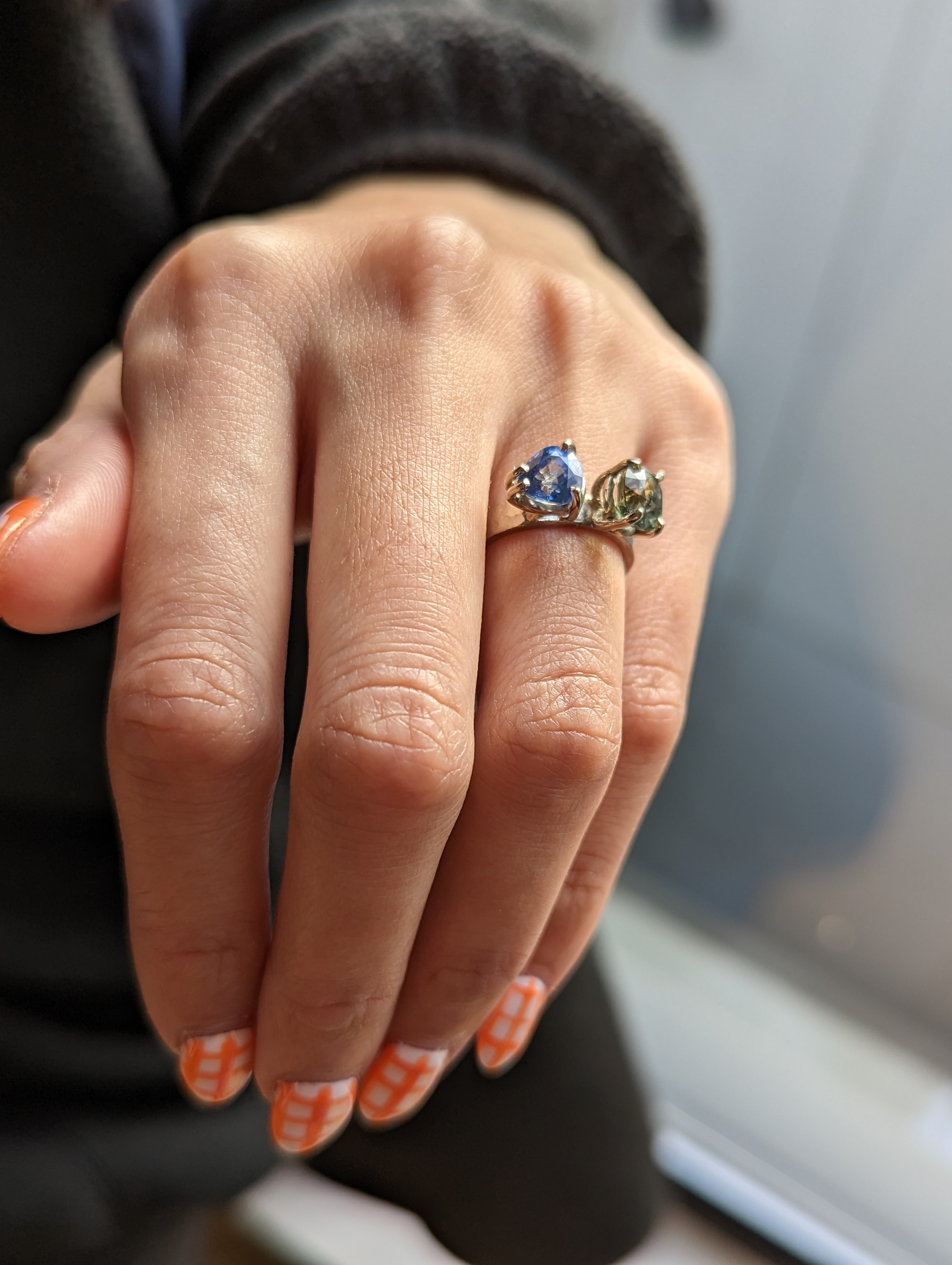 One of a kind blue and green sapphire ring by Catherine marche.