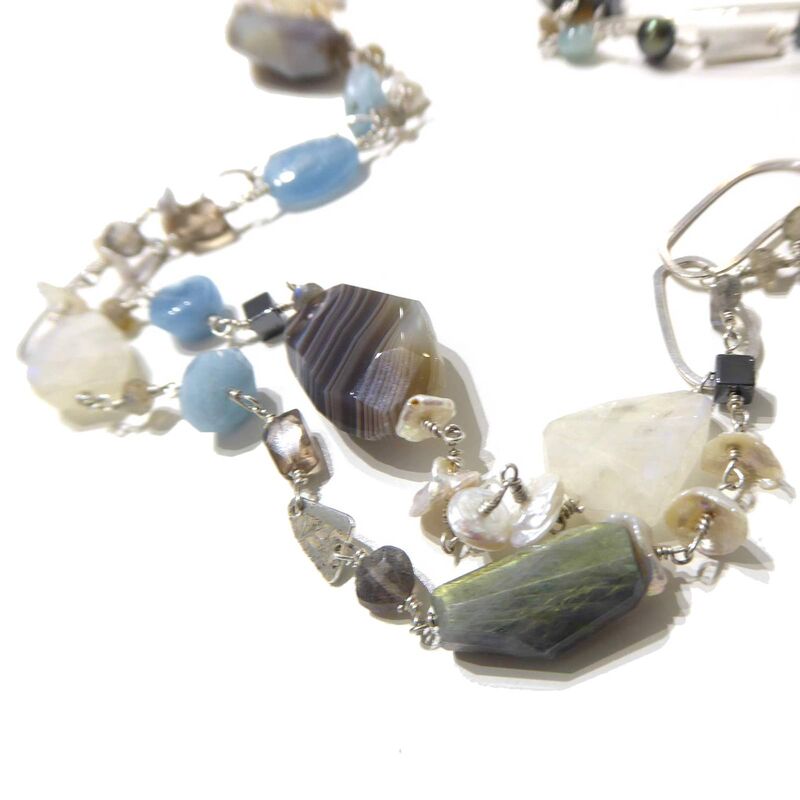 Moonstone Aquamarine Labradorite Agate long Sterling Silver Chain necklace - product images  of 
