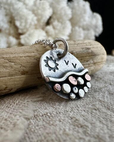 Coastal,Scene,Pendant,With,Copper,Sterling,Silver,Necklace,Jewelry,Cornish_pebble,hammered_jewellery,recycled_silver,silver_pebbles,silver_pebble,moon_necklace,pebble_necklace,birthday_gifts,Cornwall,gift_idea,silver_necklace,Cornish_jewellery