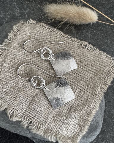 Satin,Texture,Square,and,Hoop,Earrings,Sterling,Silver,Jewellery,Cornish jewellery, zero waste jewellery, zero waste earrings, coastal jewellery, beach jewellery, silver earrings, recycled silver jewellery, molten silver jewellery