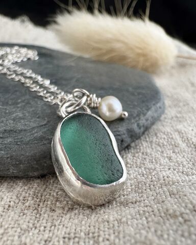Teal,Sea,Glass,and,Dainty,Freshwater,Pearl,Sterling,Silver,Necklace,Handmade,in,Cornwall,Cornish,Seaglass,Apatite, heart necklace, sea glass necklace, cornwall, cornish jewellery, silver pebble, beach glass, beach jewellery, yellow beach glass, rare sea glass, sea glass jewellery 