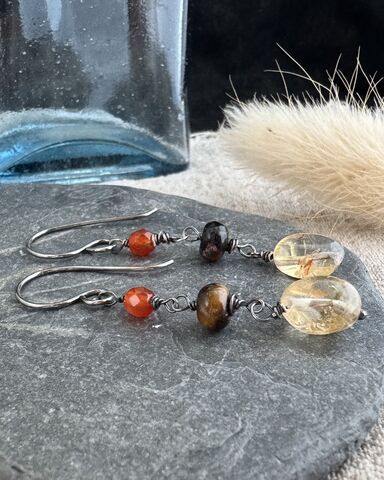 Vintage,Style,Dangles,With,Carnelian,,Citrine,and,Tigers,Eye,Gemstones,Sterling,Silver,Earrings,Cornish jewellery, zero waste jewellery, zero waste earrings, coastal jewellery, beach jewellery, silver earrings, recycled silver jewellery, molten silver jewellery