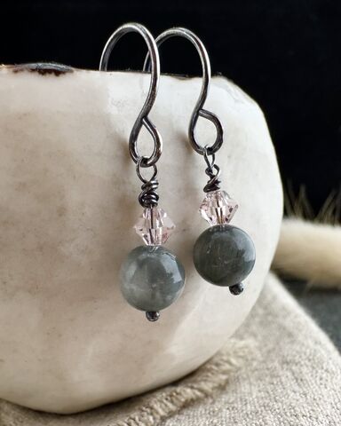 Dainty,Vintage,Style,Dangles,With,Czech,Crystals,and,Eagle,Eye,Gemstones,Sterling,Silver,Earrings,Cornish jewellery, zero waste jewellery, zero waste earrings, coastal jewellery, beach jewellery, silver earrings, recycled silver jewellery, molten silver jewellery