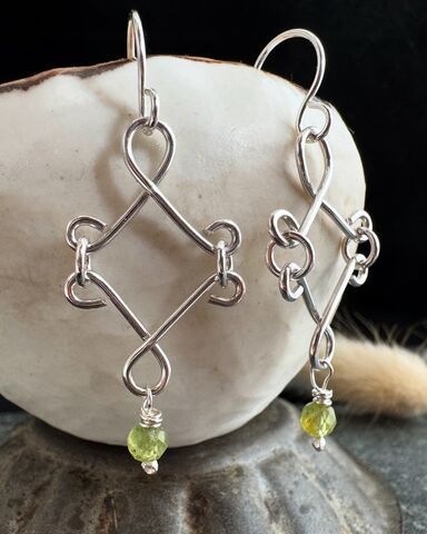 Wire,Work,Statement,Earrings,with,Peridot,Sterling,Silver,Jewellery,Cornish jewellery, zero waste jewellery, zero waste earrings, coastal jewellery, beach jewellery, silver earrings, recycled silver jewellery, molten silver jewellery