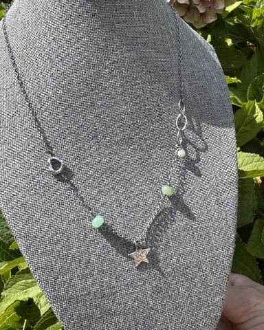 Sterling,Silver,Star,Necklace,with,Chrysoprase,Handmade,In,Cornwall,Jewelry,Cornish_pebble,hammered_jewellery,recycled_silver,silver_pebbles,silver_pebble,moon_necklace,pebble_necklace,birthday_gifts,gift_idea,silver_necklace,Cornish_jewellery