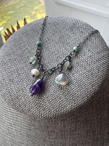 Sterling,Silver,Multi,Gemstone,Necklace,with,Amethyst,Handmade,In,Cornwall,Jewelry,Cornish_pebble,hammered_jewellery,recycled_silver,silver_pebbles,silver_pebble,moon_necklace,pebble_necklace,birthday_gifts,gift_idea,silver_necklace,Cornish_jewellery