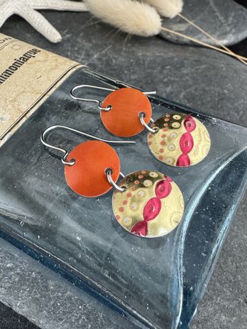 Vintage,Tin,And,Orange,Aluminium,Earrings,Handmade,In,Cornwall,Cornish jewellery, zero waste jewellery, zero waste earrings, coastal jewellery, beach jewellery, silver earrings, recycled silver jewellery, molten silver jewellery