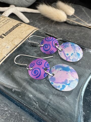 Purple,Tones,Aluminium,Earrings,Handmade,In,Cornwall,Cornish jewellery, zero waste jewellery, zero waste earrings, coastal jewellery, beach jewellery, silver earrings, recycled silver jewellery, molten silver jewellery