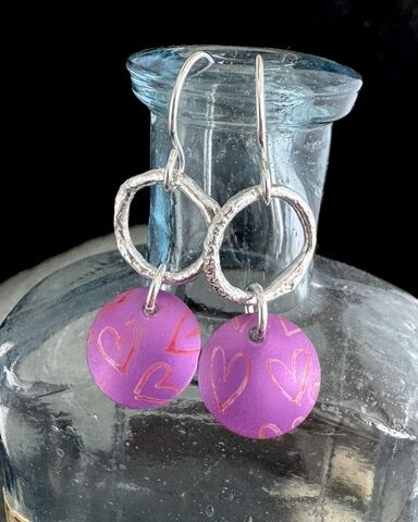 Purple,Heart,Print,Aluminium,and,Sterling,Silver,Earrings,Handmade,In,Cornwall,Cornish jewellery, zero waste jewellery, zero waste earrings, coastal jewellery, beach jewellery, silver earrings, recycled silver jewellery, molten silver jewellery