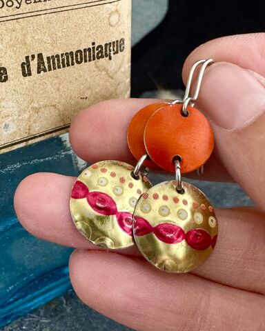 Vintage,Tin,And,Orange,Aluminium,Earrings,Handmade,In,Cornwall,Cornish jewellery, zero waste jewellery, zero waste earrings, coastal jewellery, beach jewellery, silver earrings, recycled silver jewellery, molten silver jewellery