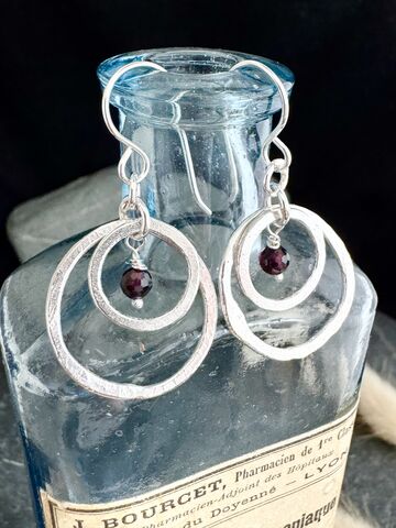 Rugged,Hoops,with,Garnet,Earrings,Recycled,Sterling,Silver,Jewellery,Cornish jewellery, zero waste jewellery, zero waste earrings, coastal jewellery, beach jewellery, silver earrings, recycled silver jewellery, molten silver jewellery