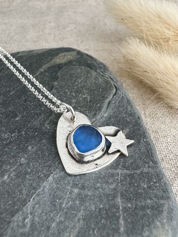 Cornish,Blue,Sea,Glass,Heart,Sterling,Silver,Necklace,Handmade,In,Cornwall,Jewelry,Cornish_pebble,hammered_jewellery,recycled_silver,silver_pebbles,silver_pebble,moon_necklace,pebble_necklace,birthday_gifts,gift_idea,silver_necklace,Cornish_jewellery
