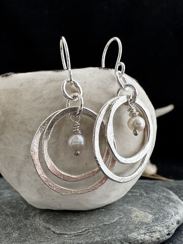 Rugged,Hoops,with,Freshwater,Pearls,Earrings,Recycled,Sterling,Silver,Jewellery,Cornish jewellery, zero waste jewellery, zero waste earrings, coastal jewellery, beach jewellery, silver earrings, recycled silver jewellery, molten silver jewellery