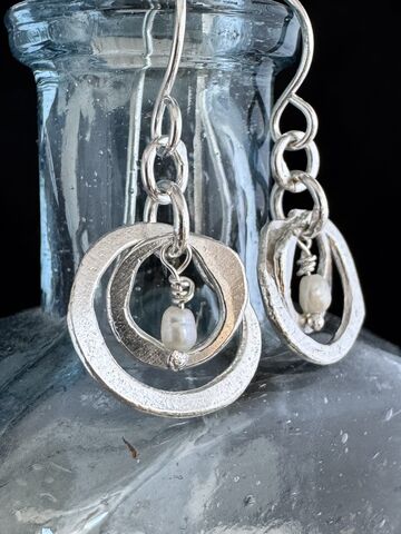 Rugged,Hoops,with,Freshwater,Pearls,Earrings,Recycled,Sterling,Silver,Jewellery,Cornish jewellery, zero waste jewellery, zero waste earrings, coastal jewellery, beach jewellery, silver earrings, recycled silver jewellery, molten silver jewellery