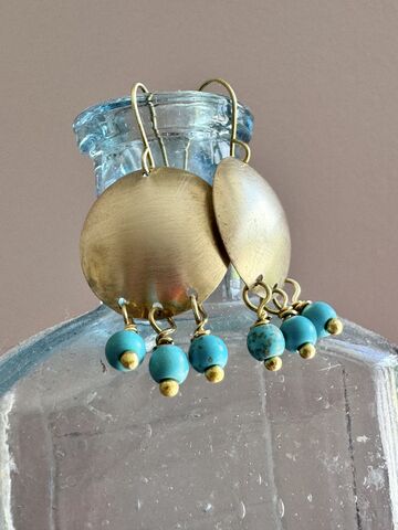 Brushed,Brass,Boho,Earrings,with,Turquoise,Handmade,In,Cornwall,Cornish jewellery, zero waste jewellery, zero waste earrings, coastal jewellery, beach jewellery, silver earrings, recycled silver jewellery, molten silver jewellery