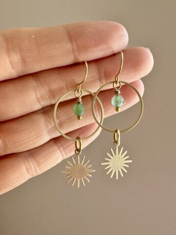 Brushed,Brass,Boho,Earrings,with,Aventurine,Handmade,In,Cornwall,Cornish jewellery, zero waste jewellery, zero waste earrings, coastal jewellery, beach jewellery, silver earrings, recycled silver jewellery, molten silver jewellery