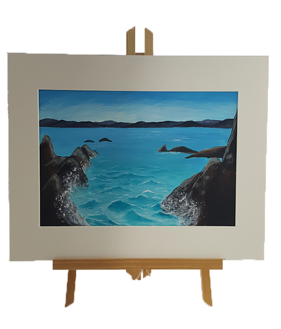 Rocky,seascape,with,distant,mountains, rocky seascape, tropical water, painting