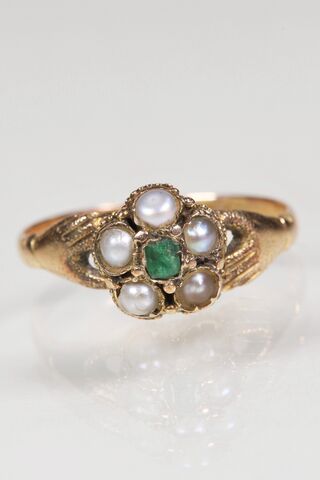 Victorian,15ct,Pearl,&,Emerald,Clasped,Hands,Ring