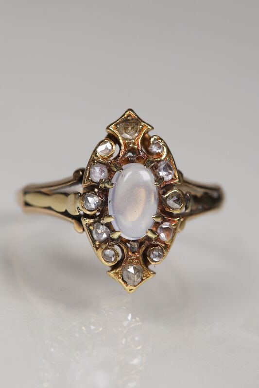 Antique Victorian 18ct Moonstone &amp; Rose Cut Diamond Navette Ring  - product images  of 