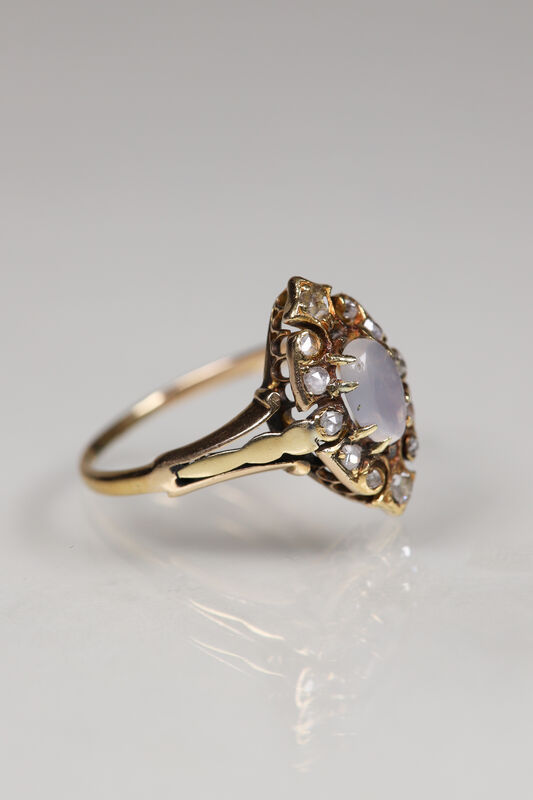 Antique Victorian 18ct Moonstone &amp; Rose Cut Diamond Navette Ring  - product images  of 