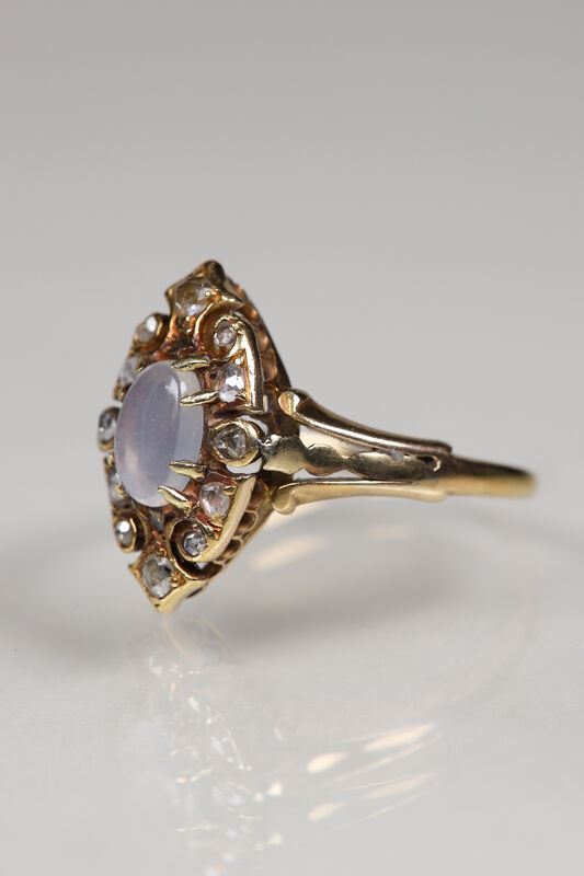 Antique Victorian 18ct Moonstone &amp; Rose Cut Diamond Navette Ring  - product images  of 