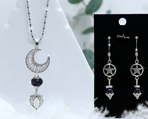 Zjon,Galakaré,Duales,Goldstone,Harmonae,pendant, trendy, fashion, jewelry, silver, necklace, chain, pendulum, reiki, chakra, blue goldstone, star, moon