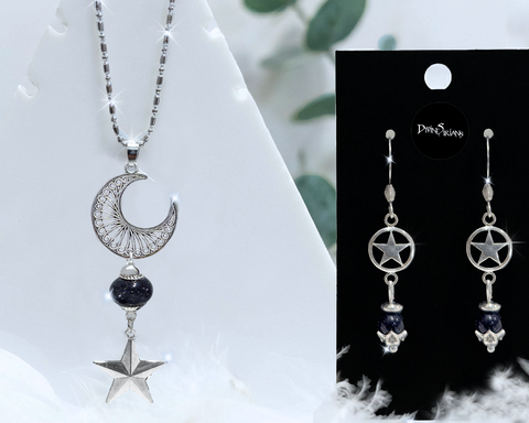 Galaka,Goldstone,Zholir,Crest,Harmonae,pendant, trendy, fashion, jewelry, silver, necklace, chain, pendulum, reiki, chakra, blue goldstone, star, moon