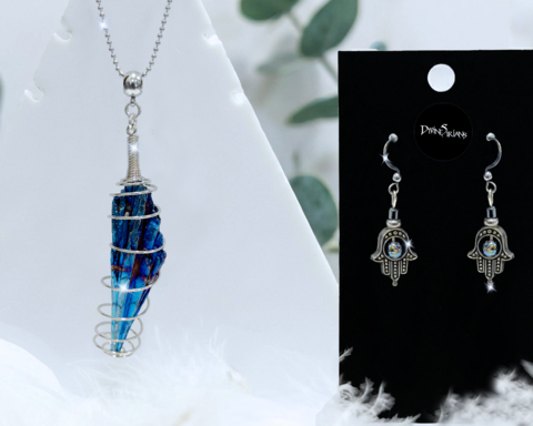 Kysz,KeIkihfi,Feather,Harmonae,trendy, fashion, jewelry, silver, necklace, chain, reiki, chakra, bismuth, peacock ore, titanium quartz, rainbow bismuth, rainbow