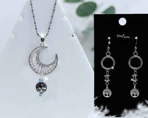 Kysz,Faheraei,Crescent,Harmonae,pendant, trendy, fashion, jewelry, silver, necklace, chain, reiki, chakra, bismuth, titanium quartz, peacock ore, hematite