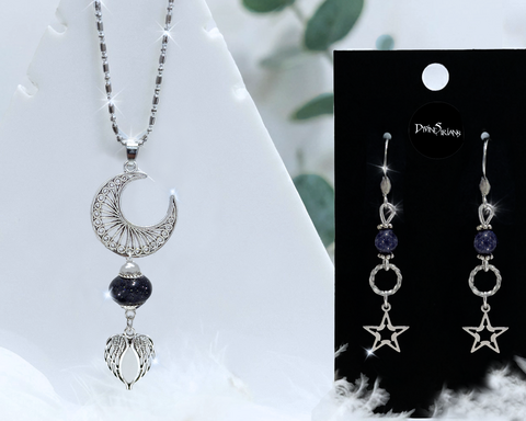 Zjon,Galakaré,Dualis,Goldstone,Harmonae,pendant, trendy, fashion, jewelry, silver, necklace, chain, pendulum, reiki, chakra, blue goldstone, star, moon