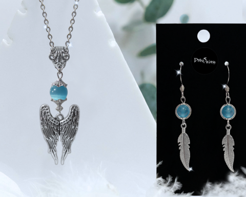 Zjon,Blue,Cat's,Eye,Arcturian,Harmonae,pendant, trendy, fashion, jewelry, necklace, chain, reiki, chakra, ornament, angel wings, Ruby Zoisite, blue cat's eye, mookaite