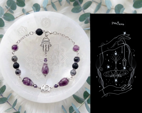 Geinev,Lepidolite,Falaek,Hamsa,Knova,pendant, trendy, jewelry, necklace, reiki, chakra, quartz, crystals, STAINLESS STEEL, lava stone, hamsa, hamsa hand, larvikite