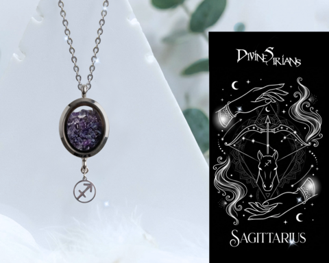 Thrian,Segaxn,Tameairo,Trinity,Pendant,pendant, trendy, jewelry, necklace, chain, reiki, chakra, quartz, floating locket, zodiac, horoscope, zodiac signs, crystals, Sagittarius, amethyst, sodalite, snowflake obsidian, zodiac and horoscope