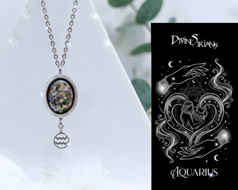 Thrian,Aqaemn,Tameairo,Trinity,Pendant,pendant, trendy, jewelry, necklace, chain, reiki, chakra, quartz, floating locket, zodiac, horoscope, zodiac signs, crystals, Aquarius, Amethyst, Labradorite, Obsidian, Zodiac