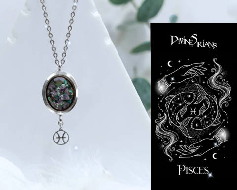 Thrian,Peismn,Tameairo,Trinity,Pendant,pendant, trendy, jewelry, necklace, chain, reiki, chakra, quartz, floating locket, zodiac, horoscope, zodiac signs, crystals, Pisces, Chrysocolla, Bloodstone, amethyst