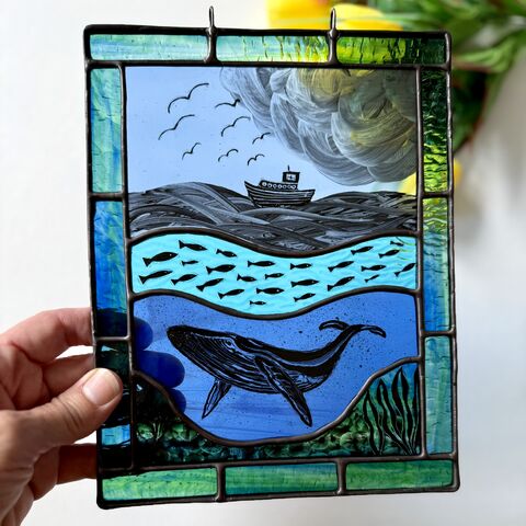 Hand,Painted,Ocean,Scene,Home decor, sun catcher, stained glass, ocean, whale