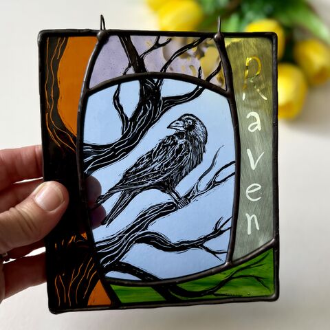 Hand,Painted,Raven,Stained,Glass,Sun,Catcher,Home decor, sun catcher, stained glass, raven, corvids