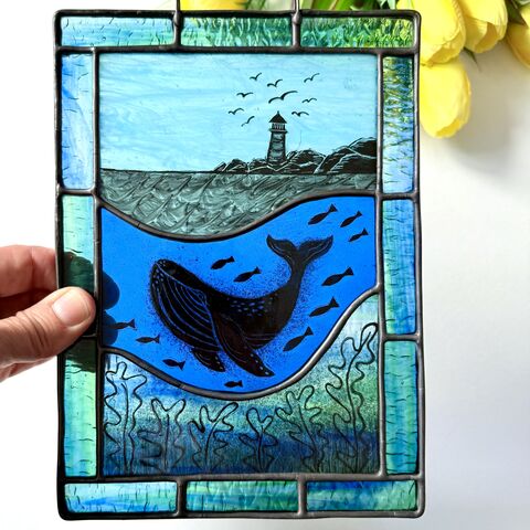 Hand,Painted,Whale,and,Lighthouse,Home decor, sun catcher, stained glass, ocean, whale