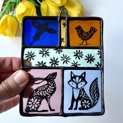 Hand,Painted,Stained,Glass,Hanging,Home decor, sun catcher, stained glass, hand painted, woodland 