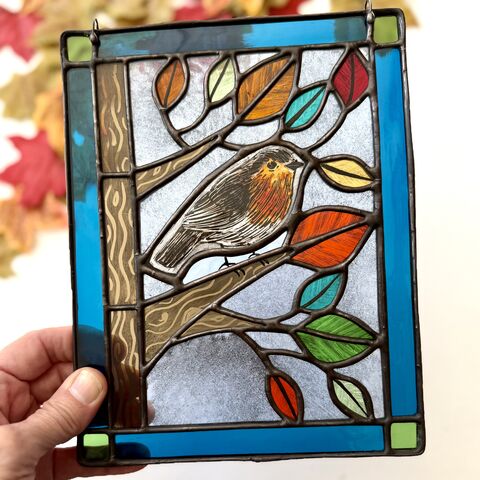 Hand,Painted,Robin,Home decor, sun catcher, stained glass, robin