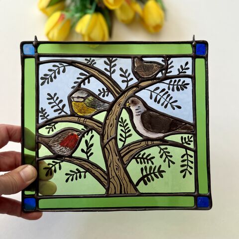 Hand,Painted,Birds,in,a,Tree,Home decor, sun catcher, stained glass, robin, wren, blue tit, pigeon