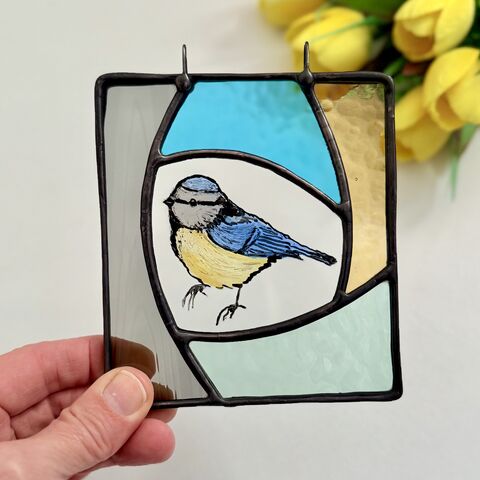 Hand,Painted,Blue,Tit,Stained,Glass,Sun,Catcher,Home decor, sun catcher, stained glass, blue tit