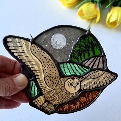 Custom,Order,for,Andrew,-,Barn,Owl,in,Flight,Home decor, sun catcher, stained glass, owl